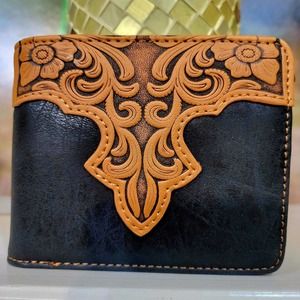 Montana West Wallet Floral Handtooled Men's Bifold Faux Leather Cowboy Black